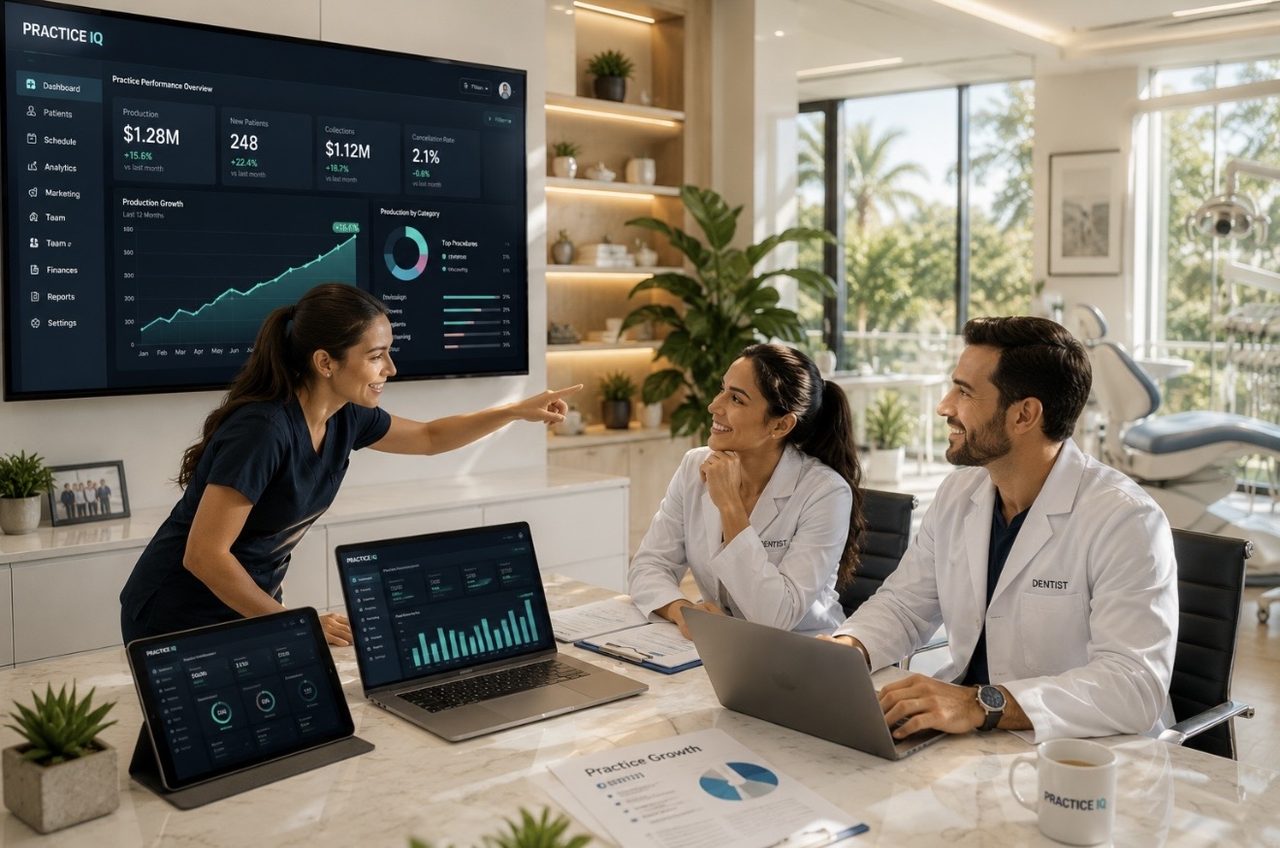 Brand concept rendering: a practice team reviewing a Practice IQ performance dashboard on a wall screen, a laptop and a tablet in a dental office.